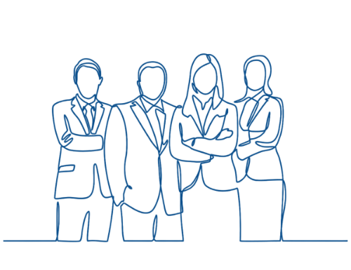 Line art of 4 people, two men and two women standing side by side.