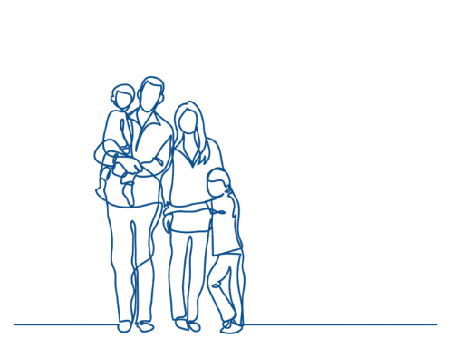 Line art of 4 members of a family. The father is holding the youngest and the older kid is hugging the mother.