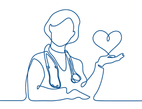 Line art of A women with stethoscope around her neck showing a heart on top of her hand.