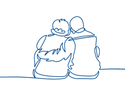 Line art of two elderly people. The man has his arms around the woman.