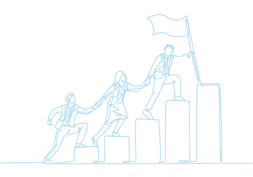 Line art of three people hand-in-hand climbing up three steps. The first person is holding a flag.